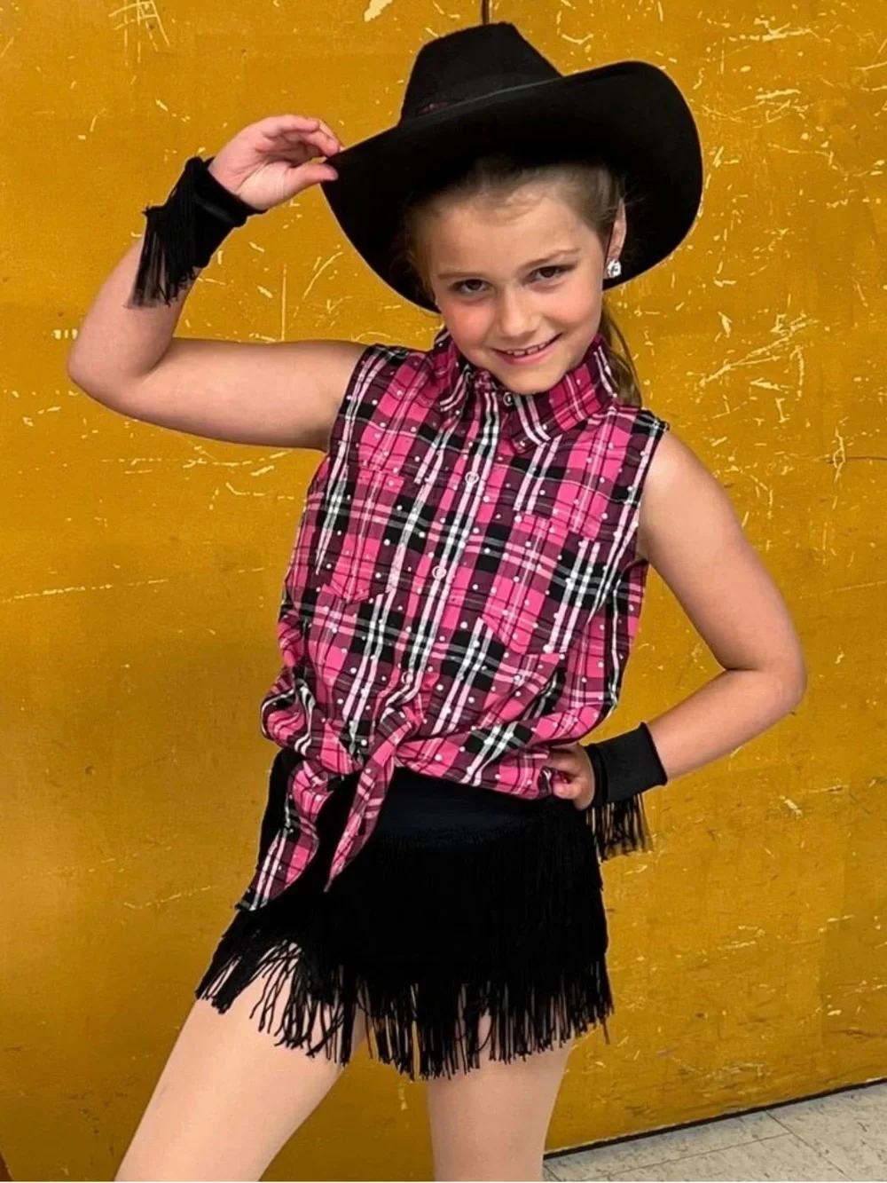Weissman Pink Plaid Cowgirl Dance Set with Black Fringe